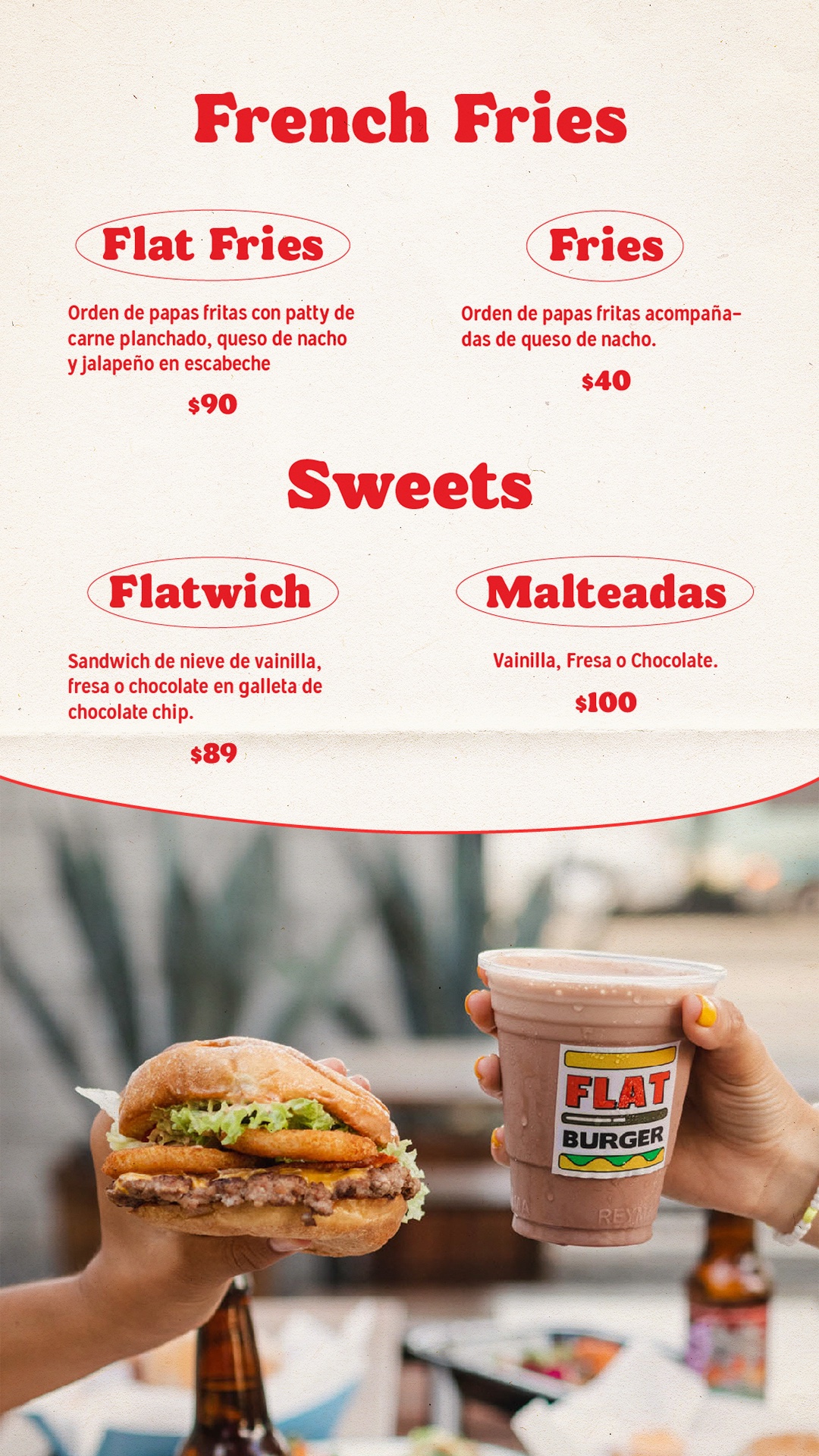 menu flat burger papas fritas malteadas nieve ensenada
